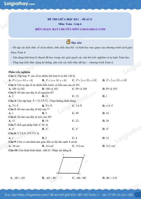 Đề thi giữa kì 1 Toán 6 - Đề số 11